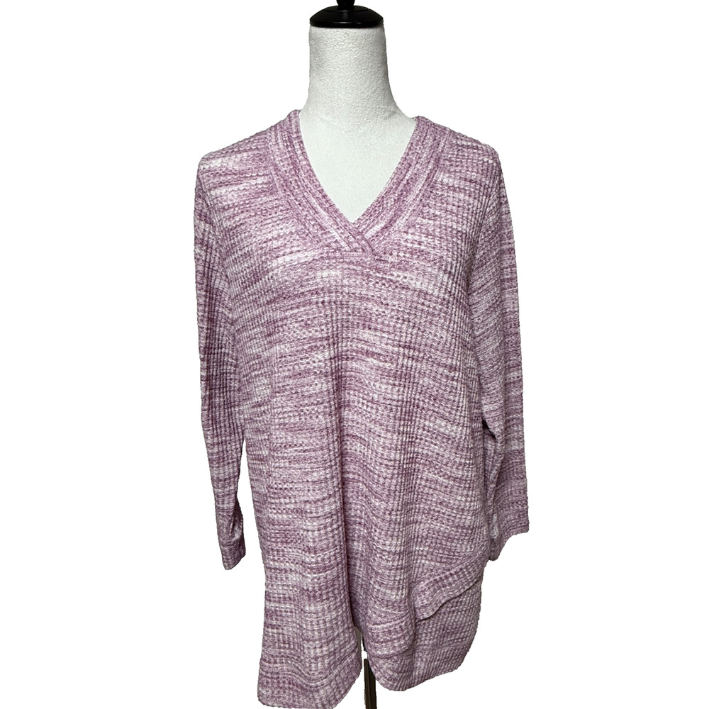 Catherines Top Womens 0X 14-16W Purple Waffle Knit Asymmetrical Hem Stretch